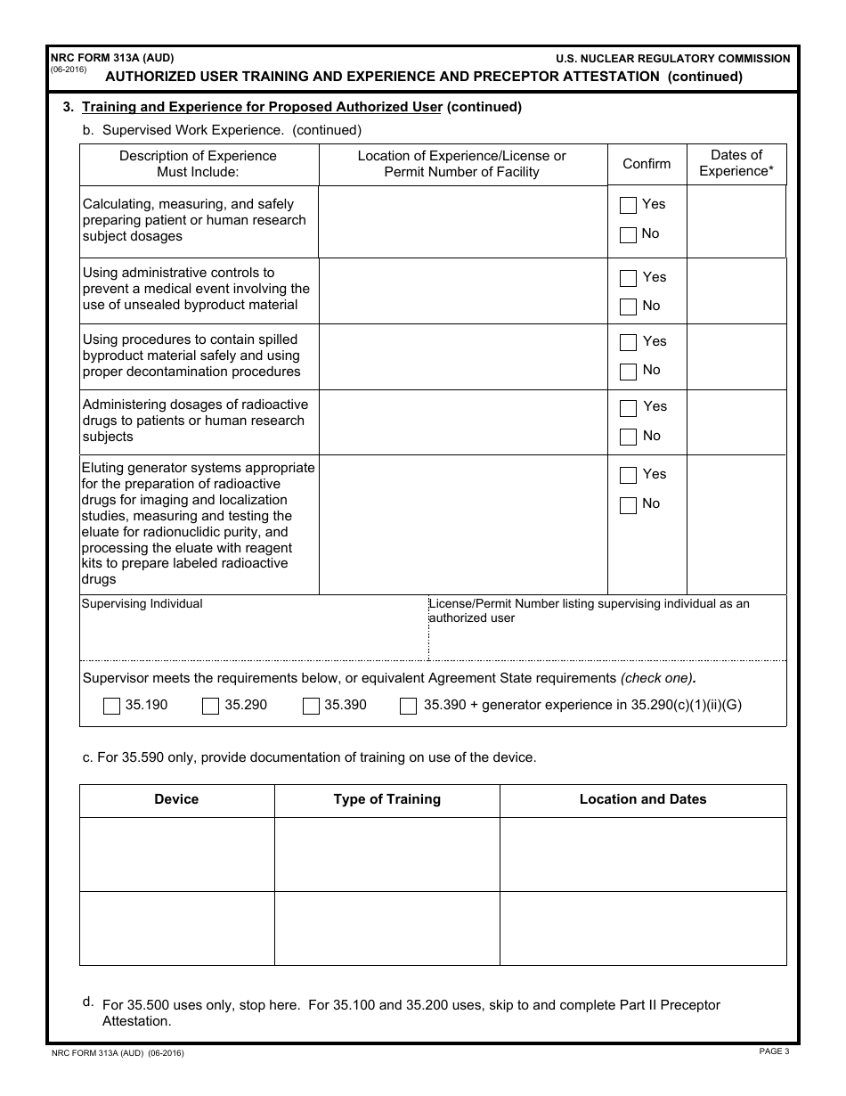 NRC Form 313A (AUD) Authorized User Training and Experience and Preceptor Attestation, Page 3
