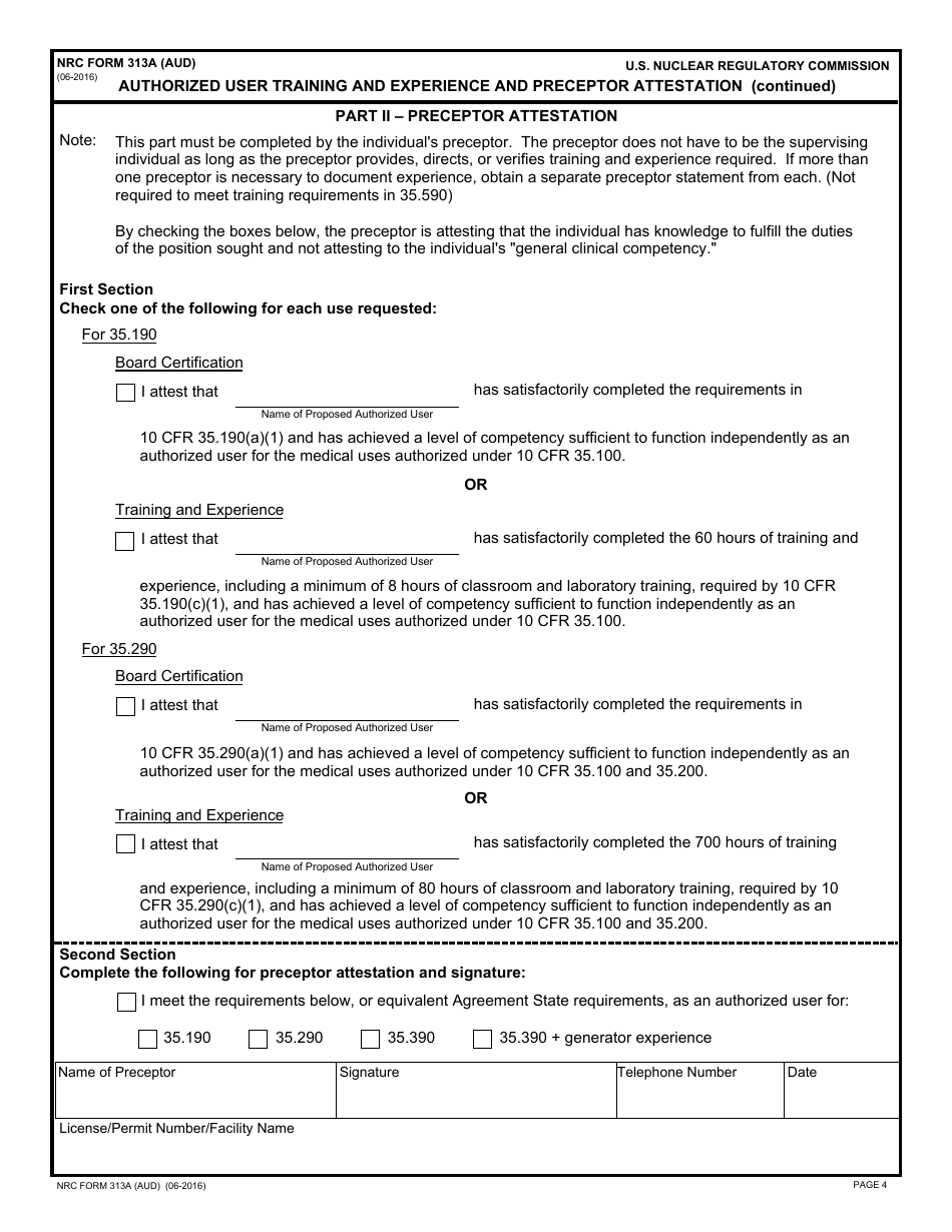NRC Form 313A (AUD) Authorized User Training and Experience and Preceptor Attestation, Page 4