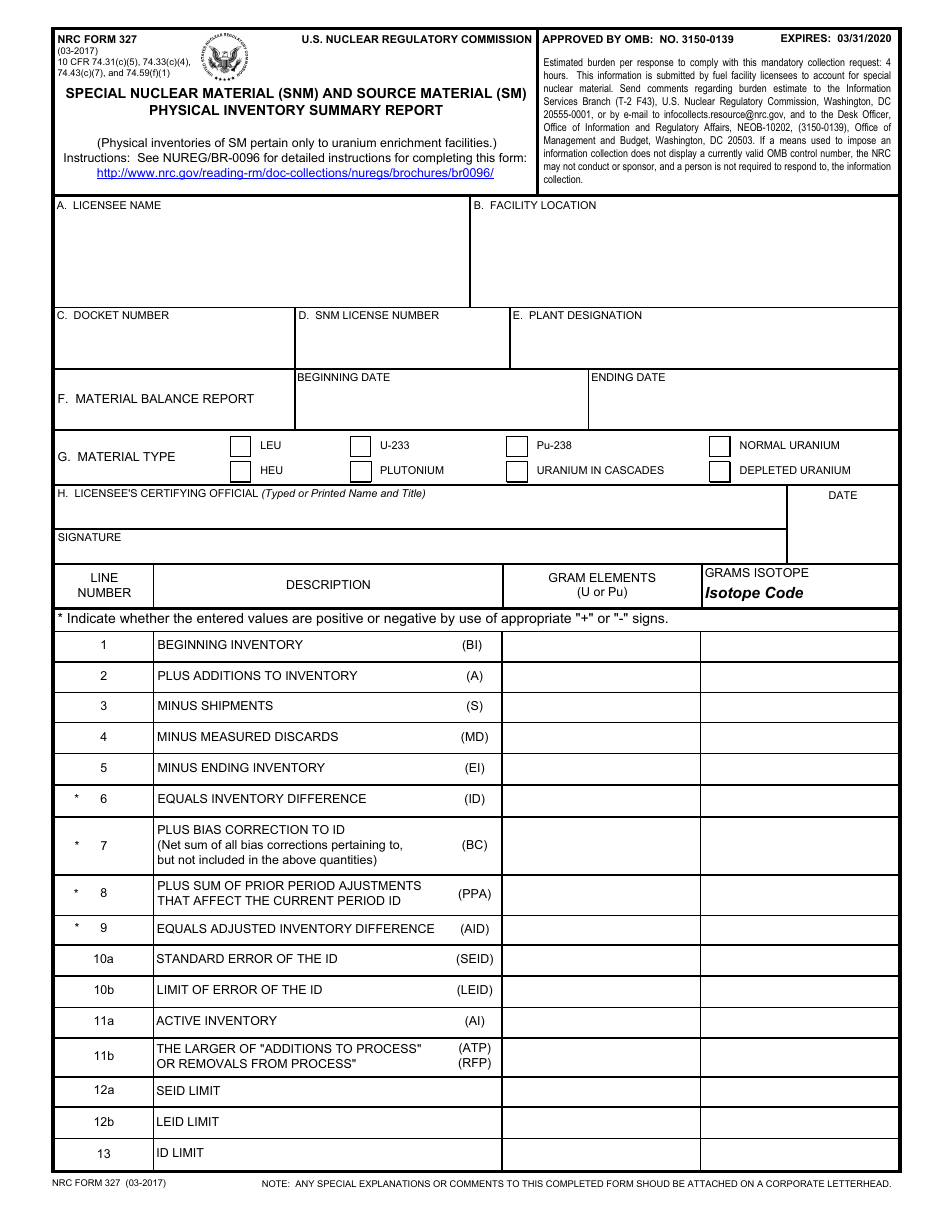 NRC Form 327 Special Nuclear Material (Snm) and Source Material (Sm) Physical Inventory Summary Report, Page 1