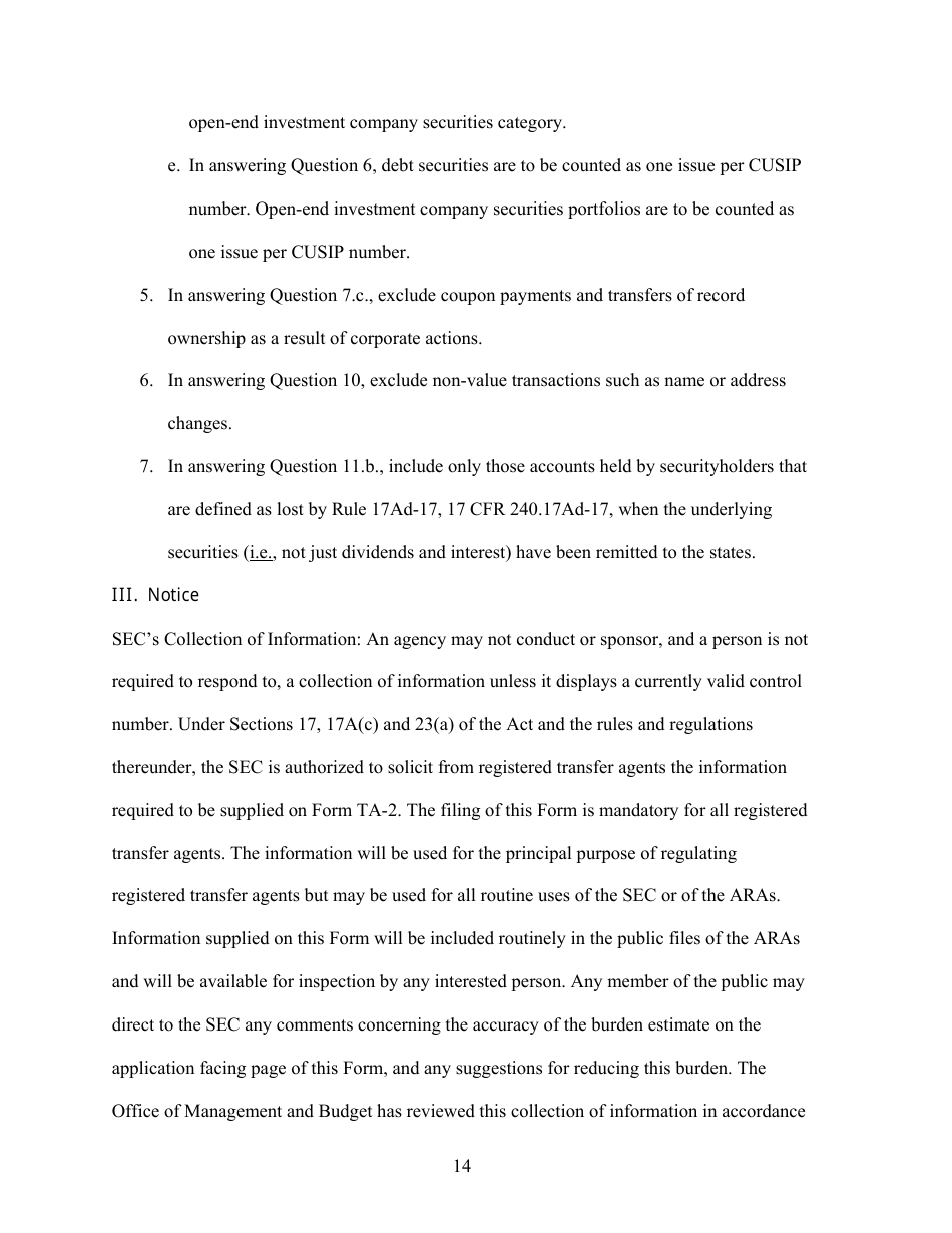 SEC Form 2113 (TA-2) Form for Reporting Activities of Transfer Agents Registered Pursuant to Section 17a of the Securities Exchange Act of 1934, Page 14
