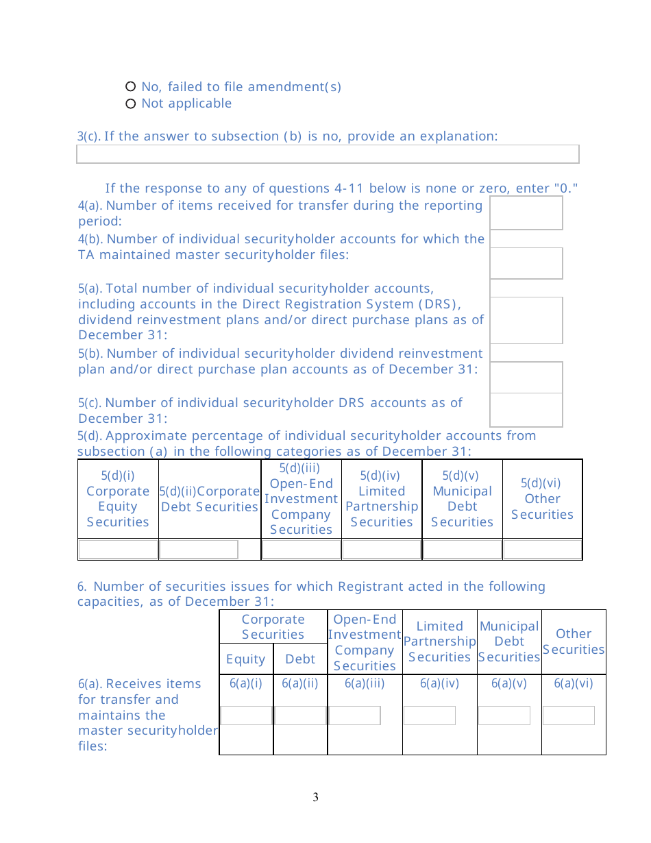 SEC Form 2113 (TA-2) Form for Reporting Activities of Transfer Agents Registered Pursuant to Section 17a of the Securities Exchange Act of 1934, Page 3
