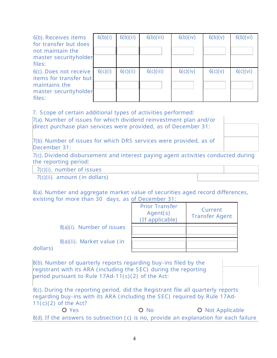SEC Form 2113 (TA-2) Form for Reporting Activities of Transfer Agents Registered Pursuant to Section 17a of the Securities Exchange Act of 1934, Page 4