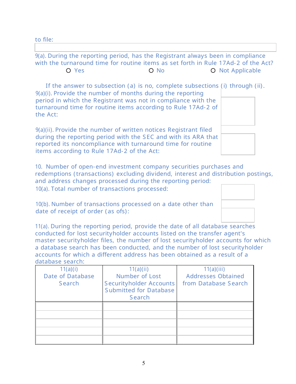 SEC Form 2113 (TA-2) Form for Reporting Activities of Transfer Agents Registered Pursuant to Section 17a of the Securities Exchange Act of 1934, Page 5