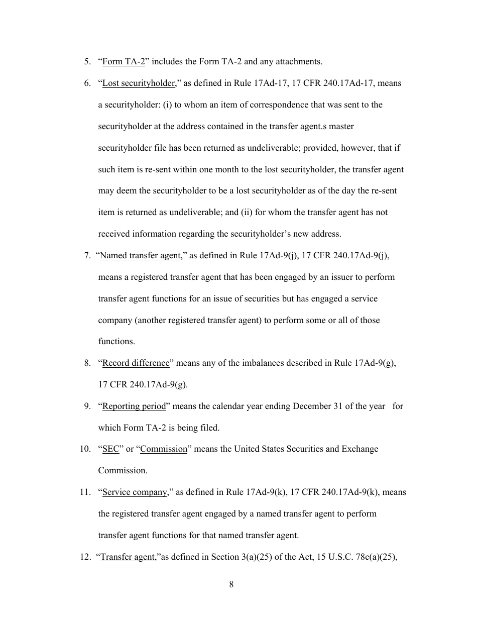 SEC Form 2113 (TA-2) Form for Reporting Activities of Transfer Agents Registered Pursuant to Section 17a of the Securities Exchange Act of 1934, Page 8