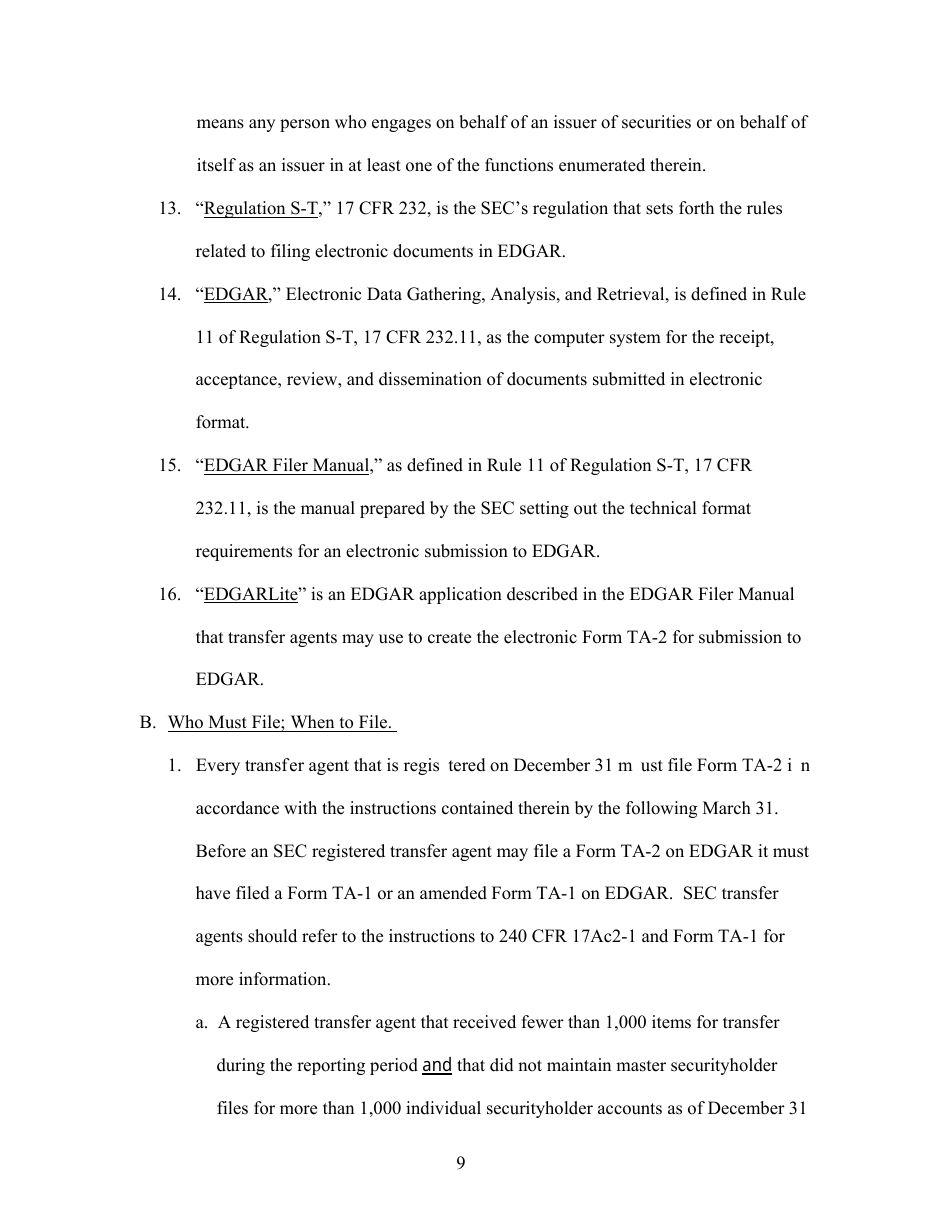 SEC Form 2113 (TA-2) Form for Reporting Activities of Transfer Agents Registered Pursuant to Section 17a of the Securities Exchange Act of 1934, Page 9