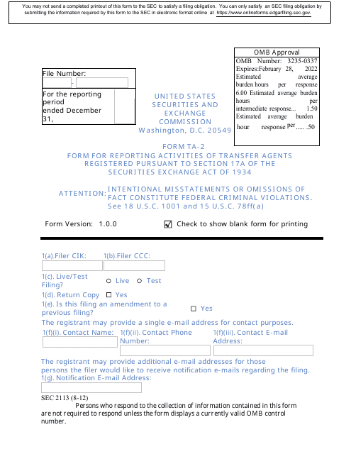 SEC Form 2113 (TA-2)  Printable Pdf