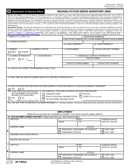 VA Form 28-1902W  Printable Pdf