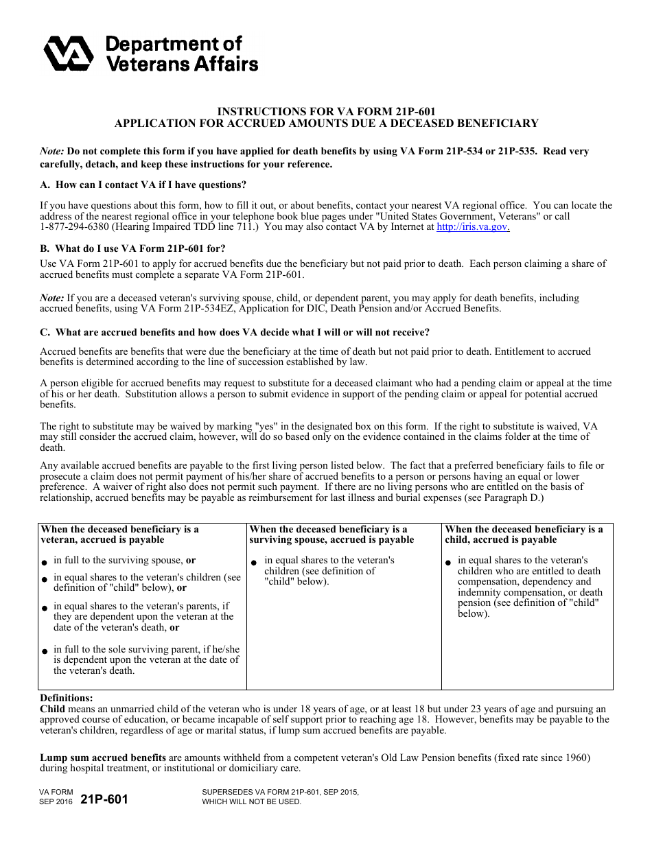VA Form 21P-601 Application for Accrued Amounts Due a Deceased Beneficiary, Page 1