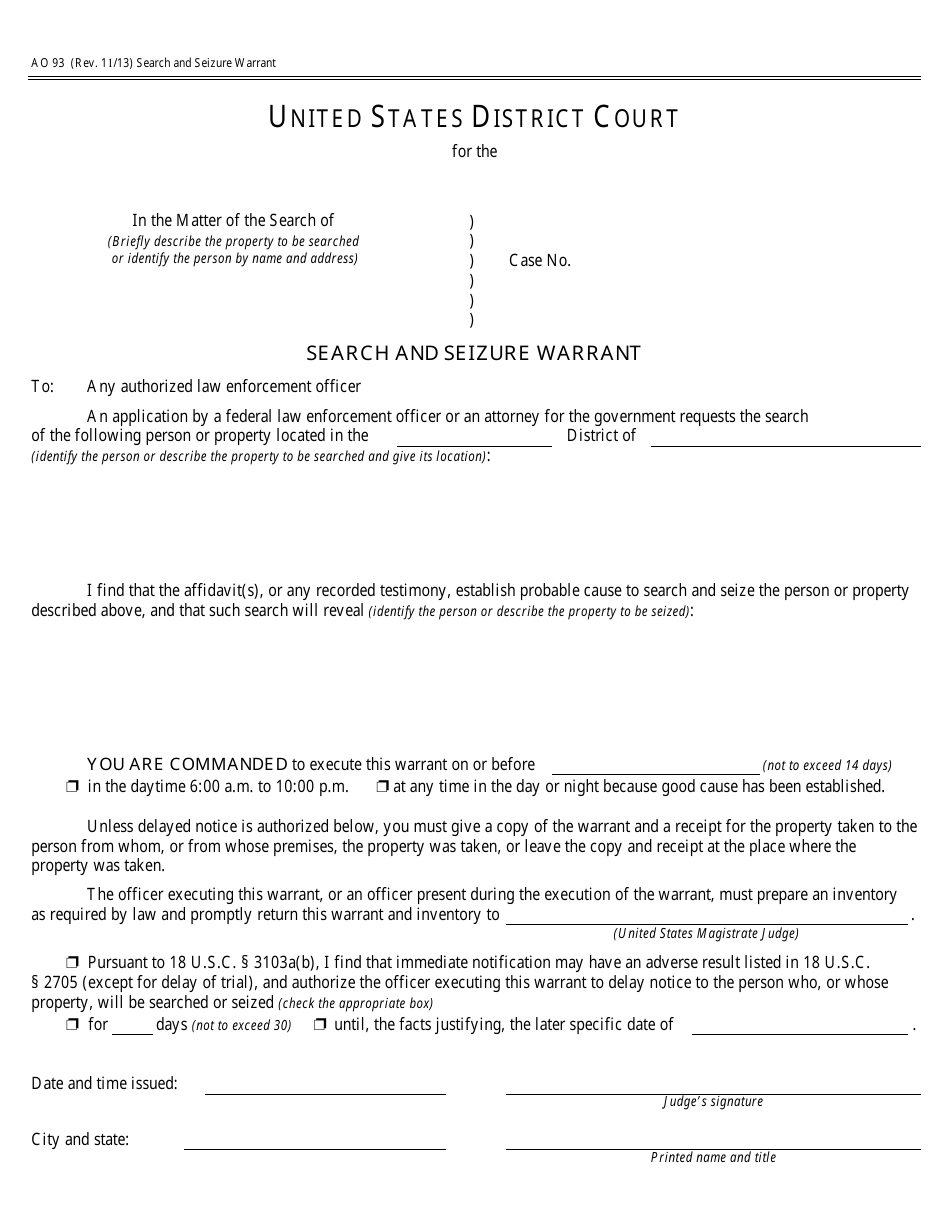 Form AO93 Search and Seizure Warrant, Page 1
