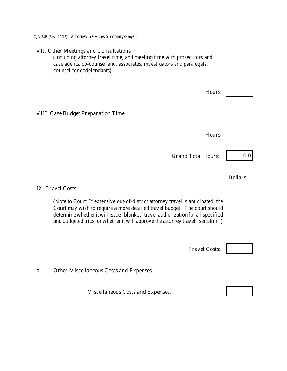 Form CJA28B Attorney Services Summary Budget Worksheet for Non-capital Representations With the Potential for Extraordinary Cost, Page 3
