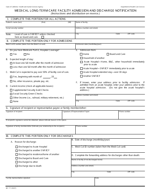 Form MC171 Medi-Cal Long-Term Care Facility Admission and Discharge Notification - California
