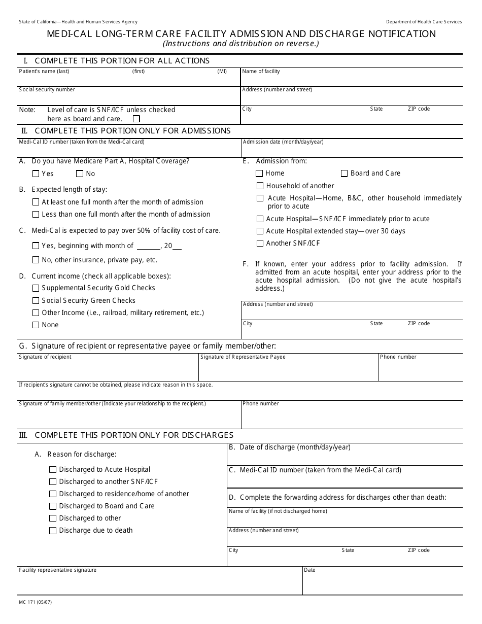 Form MC171 Medi-Cal Long-Term Care Facility Admission and Discharge Notification - California, Page 1