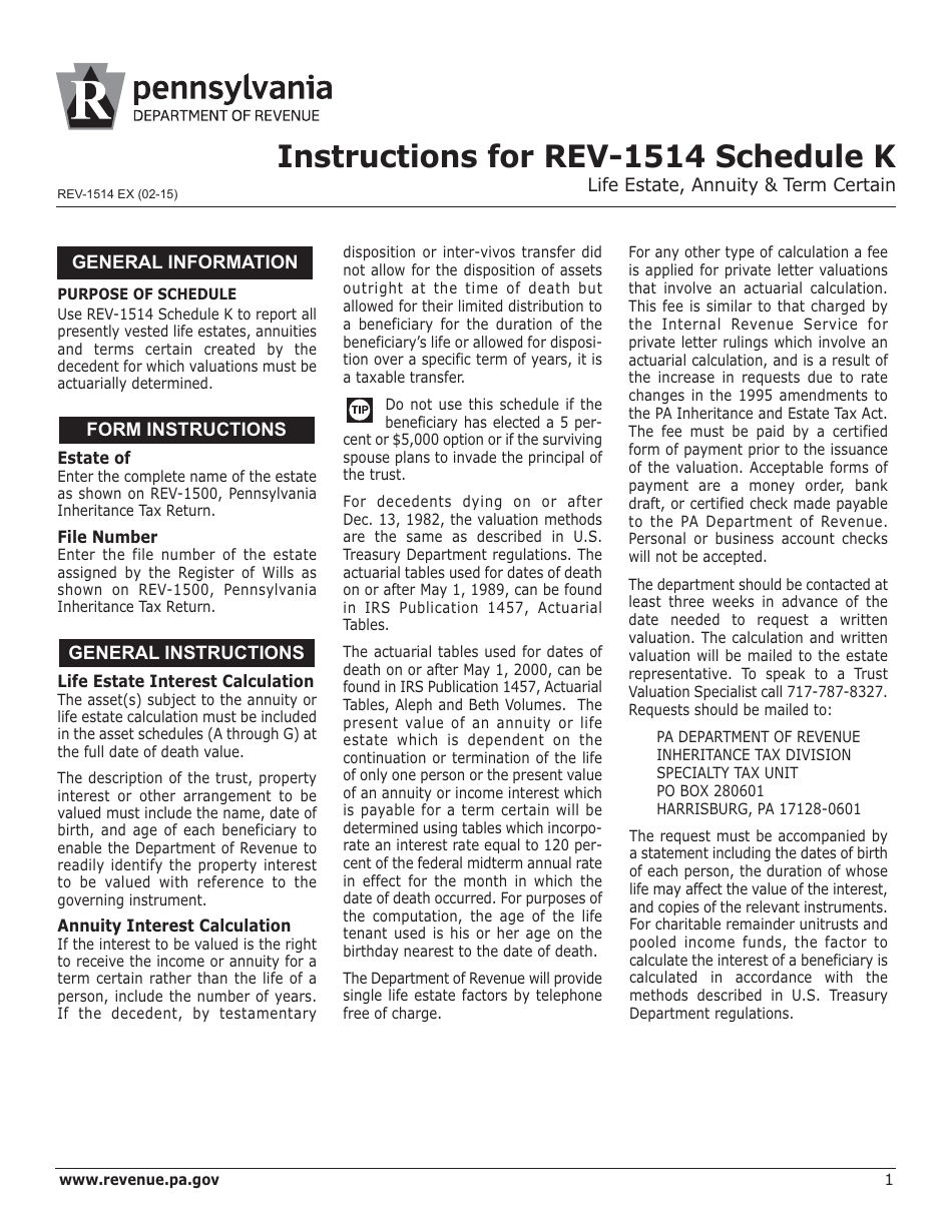 Instructions for Form REV-1514 Schedule K Life Estate, Annuity  Term Certain - Pennsylvania, Page 1