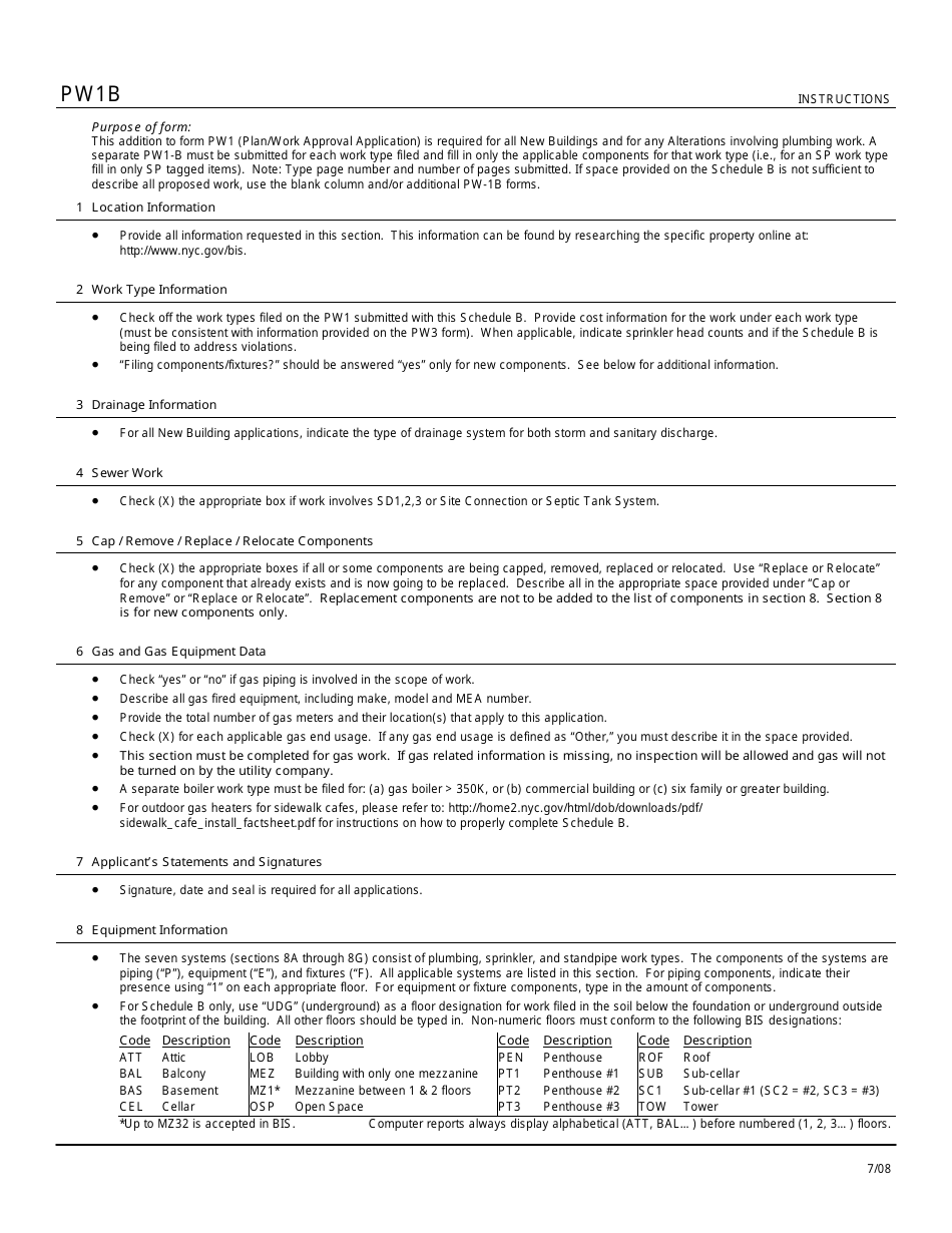 Instructions for Form PW1B Schedule B Plumbing / Sprinkler / Standpipe - New York City, Page 1