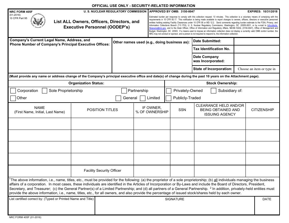 NRC Form 405F List All Owners, Officers, Directors, and Executive Personnel (Oodeps), Page 1