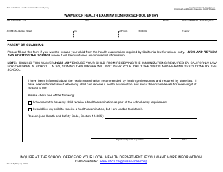 Form PM171 B Waiver of Health Examination for School Entry - California
