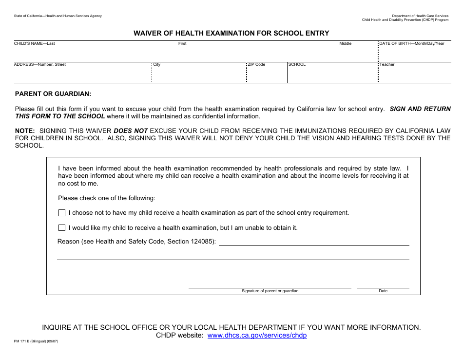 Form PM171 B Waiver of Health Examination for School Entry - California, Page 1