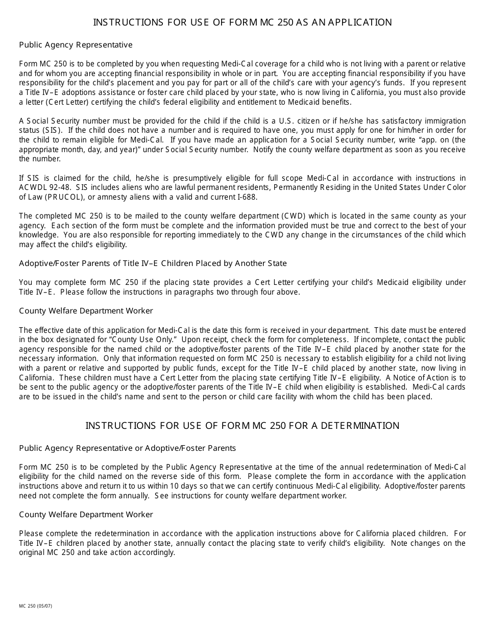 Form MC250 Application and Statement of Facts for Child Not Living With a Parent or Relative and for Whom a Public Agency Is Assuming Some Financial Responsibility - California, Page 2