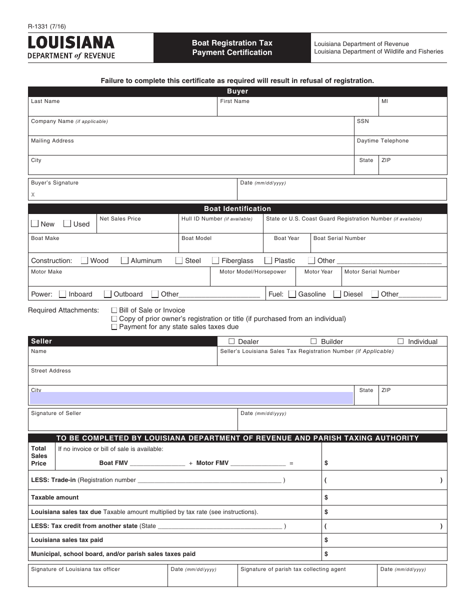 Form R-1331 Boat Registration Tax Payment Certification - Louisiana, Page 1