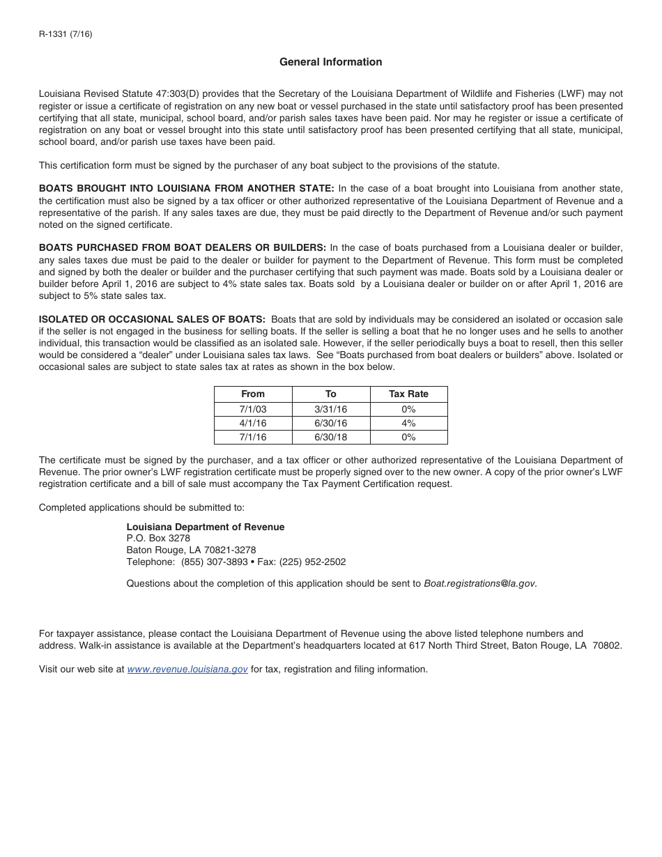 Form R-1331 Boat Registration Tax Payment Certification - Louisiana, Page 2