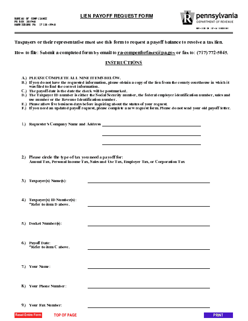 Form REV-1038 CM Lien Payoff Request Form - Pennsylvania
