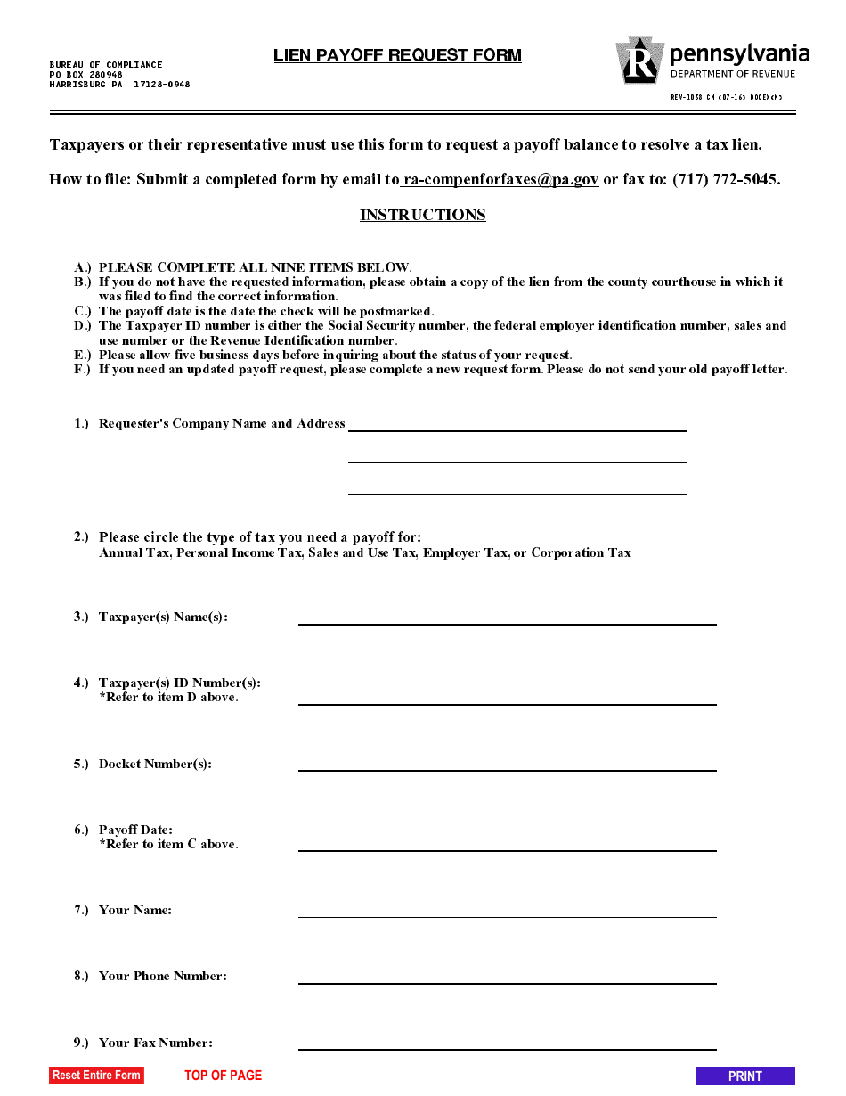 Form REV-1038 CM Lien Payoff Request Form - Pennsylvania, Page 1