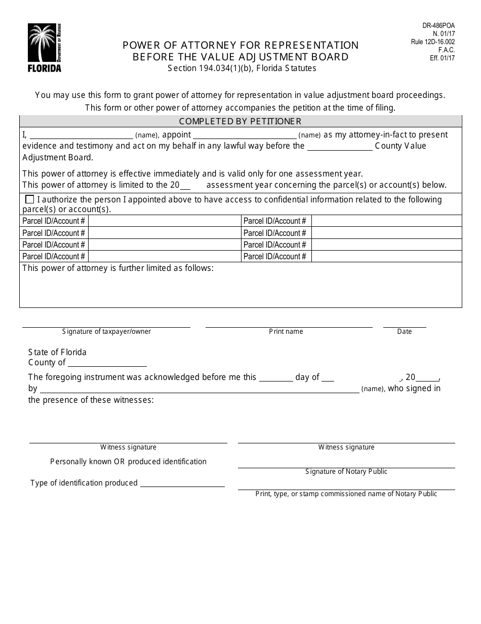 Form DR-486POA Power of Attorney for Representation Before the Value Adjustment Board - Florida, Page 1