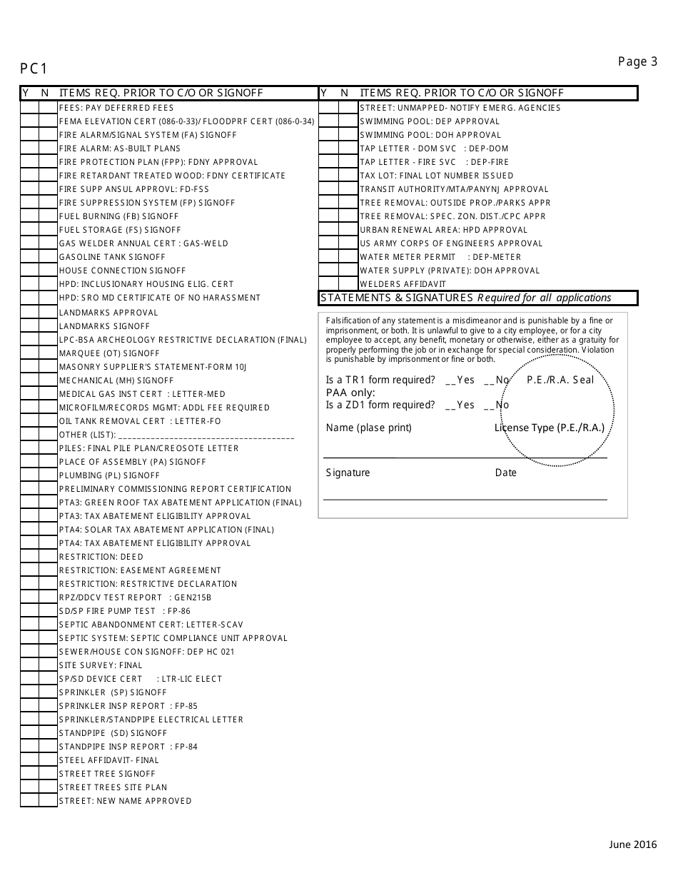 Form PC1 Required Items for Professional Certification - New York City, Page 3