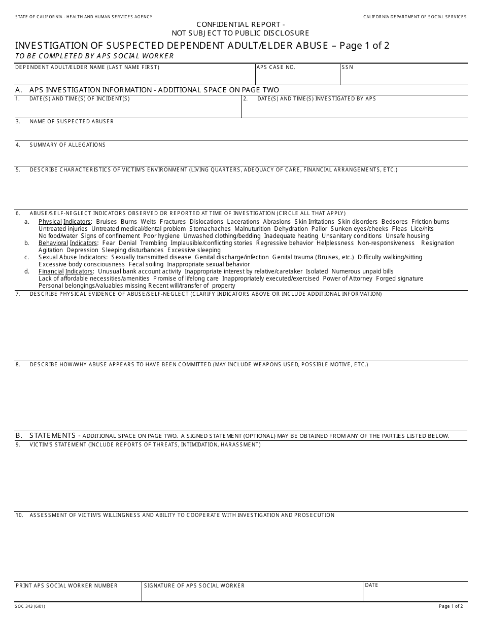 Form SOC343 Investigation of Suspected Dependent Adult / Elder Abuse - California, Page 1