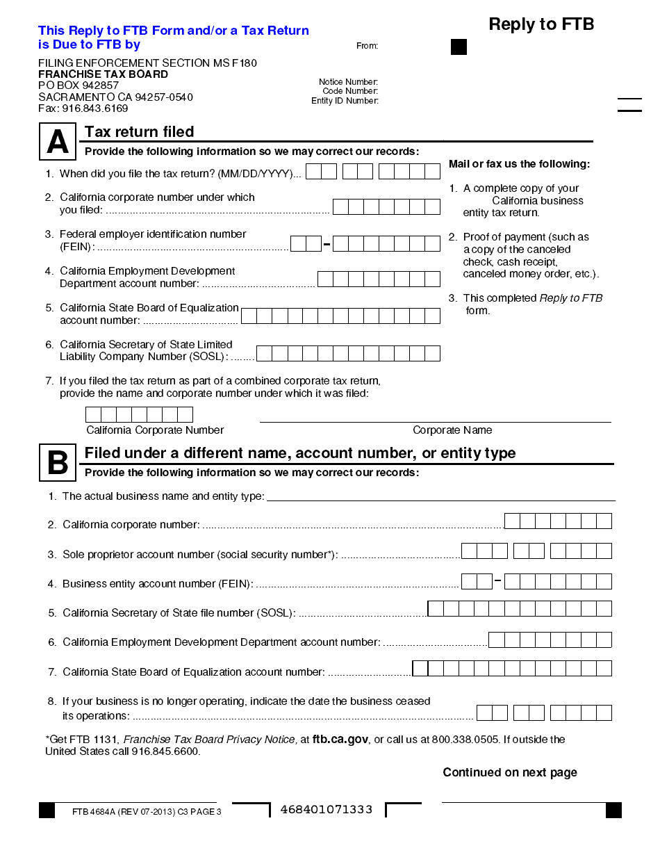 Form FTB4684A Demand for Tax Return - California, Page 1