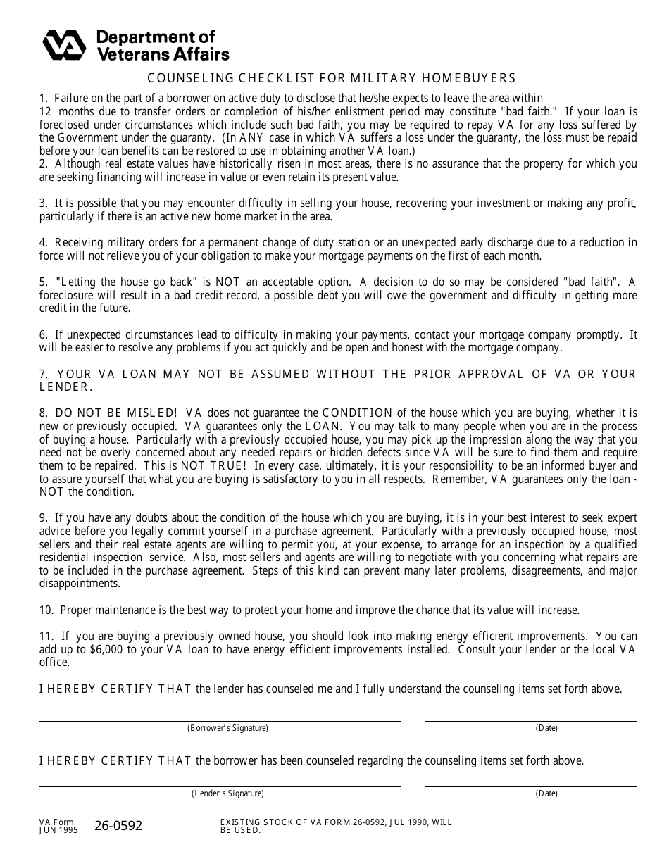 VA Form 26-0592 Counseling Checklist for Military Homebuyers, Page 1