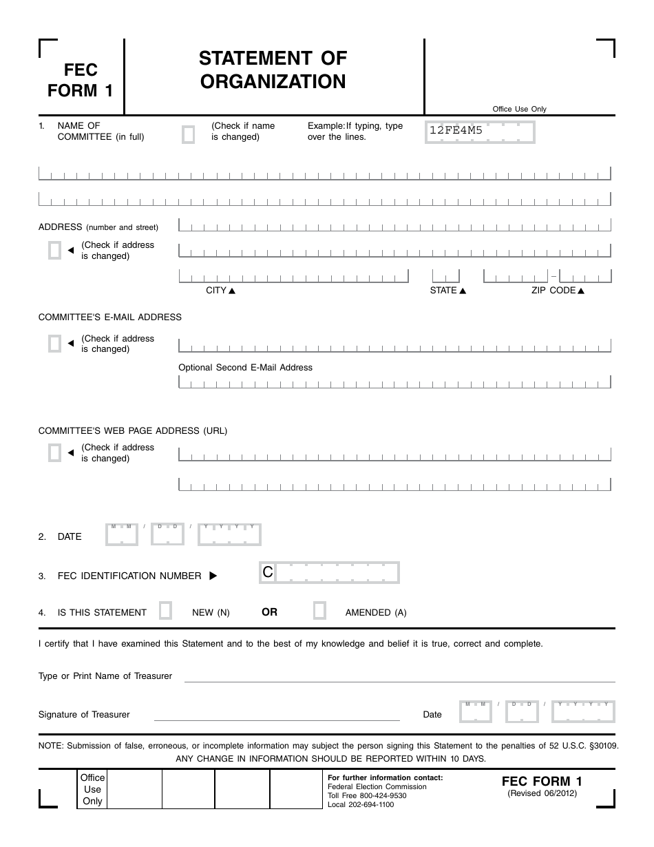FEC Form 1 Statement of Organization, Page 1