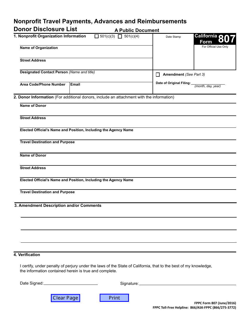 FPPC Form 807 Nonprofit Travel Payments, Advances and Reimbursements Donor Disclosure List - California, Page 1