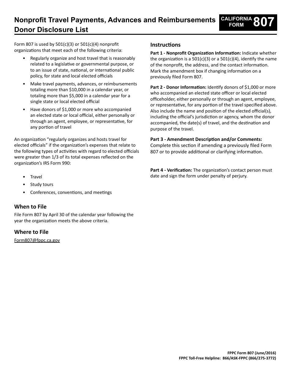 FPPC Form 807 Nonprofit Travel Payments, Advances and Reimbursements Donor Disclosure List - California, Page 2