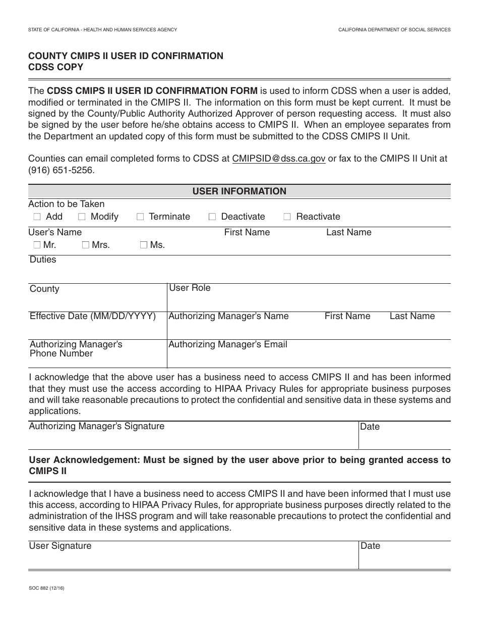 Form SOC882 County Cmips II User Id Confirmation Cdss Copy - California, Page 1
