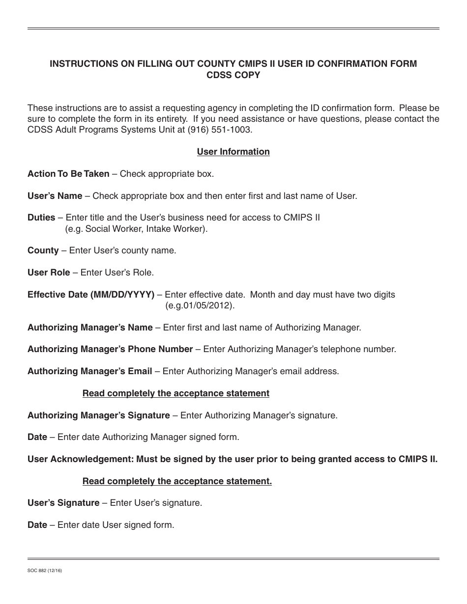 Form SOC882 County Cmips II User Id Confirmation Cdss Copy - California, Page 2
