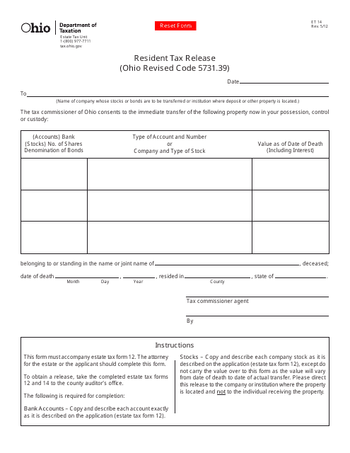 Form ET14 Resident Tax Release - Ohio