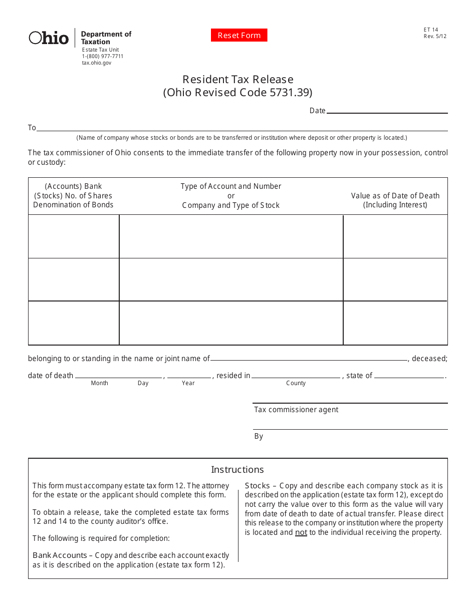 Form ET14 Resident Tax Release - Ohio, Page 1