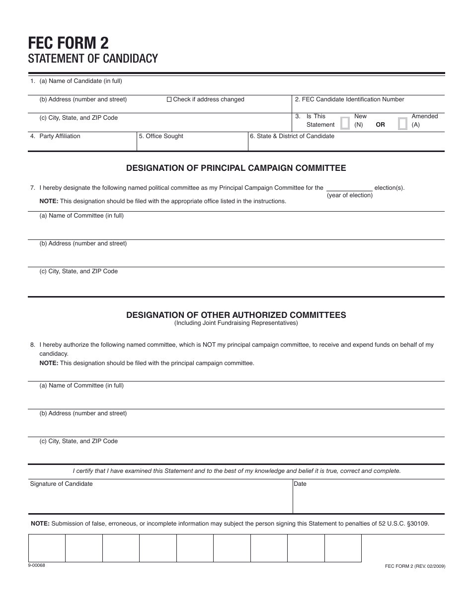Fec Form 2 Fillable Printable Forms Free Online
