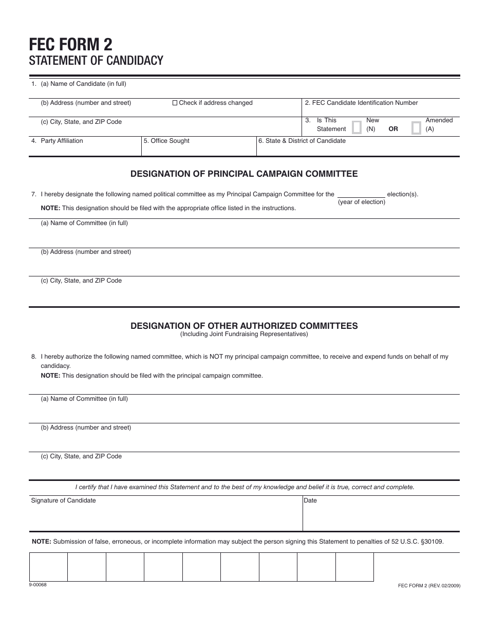 FEC Form 2 Statement of Candidacy, Page 1