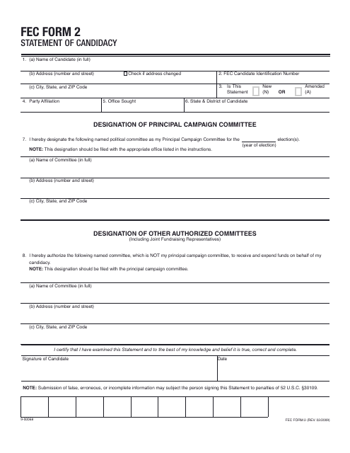 fec-form-2-download-printable-pdf-statement-of-candidacy-templateroller