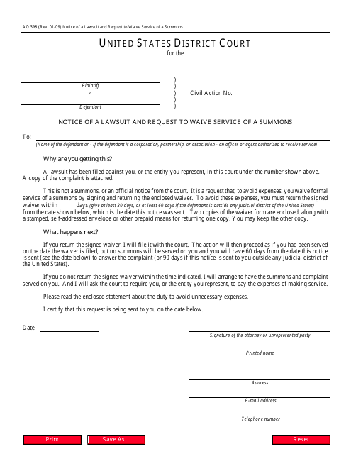 Form AO398 Notice of a Lawsuit and Request to Waive Service of a Summons