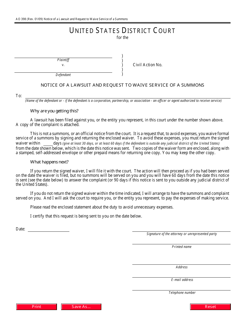 Form AO398 Notice of a Lawsuit and Request to Waive Service of a Summons, Page 1