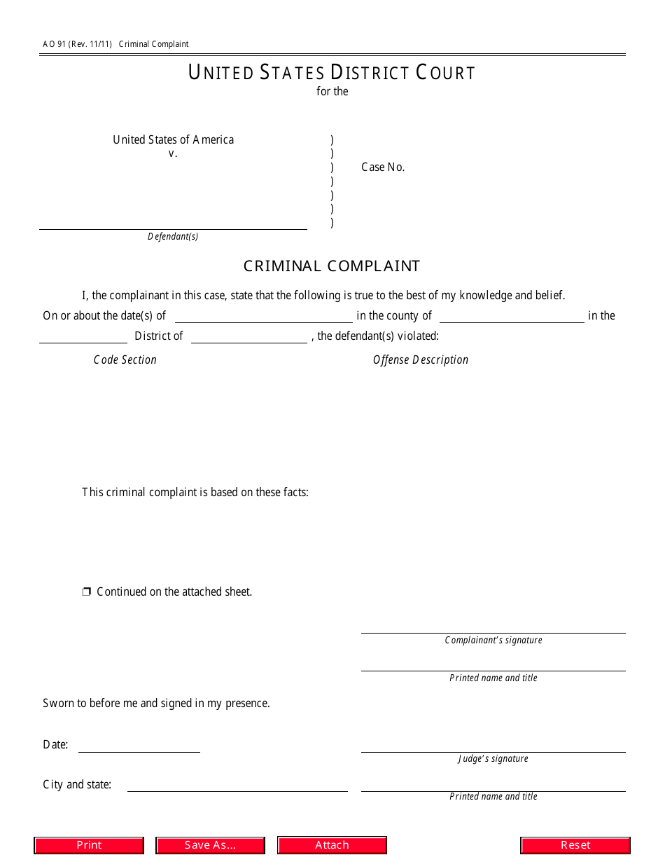 Form AO91 Criminal Complaint, Page 1