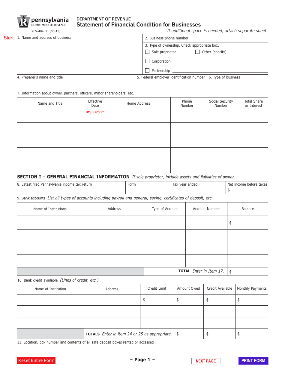 Form REV-484 Statement of Financial Condition for Businesses - Pennsylvania, Page 1