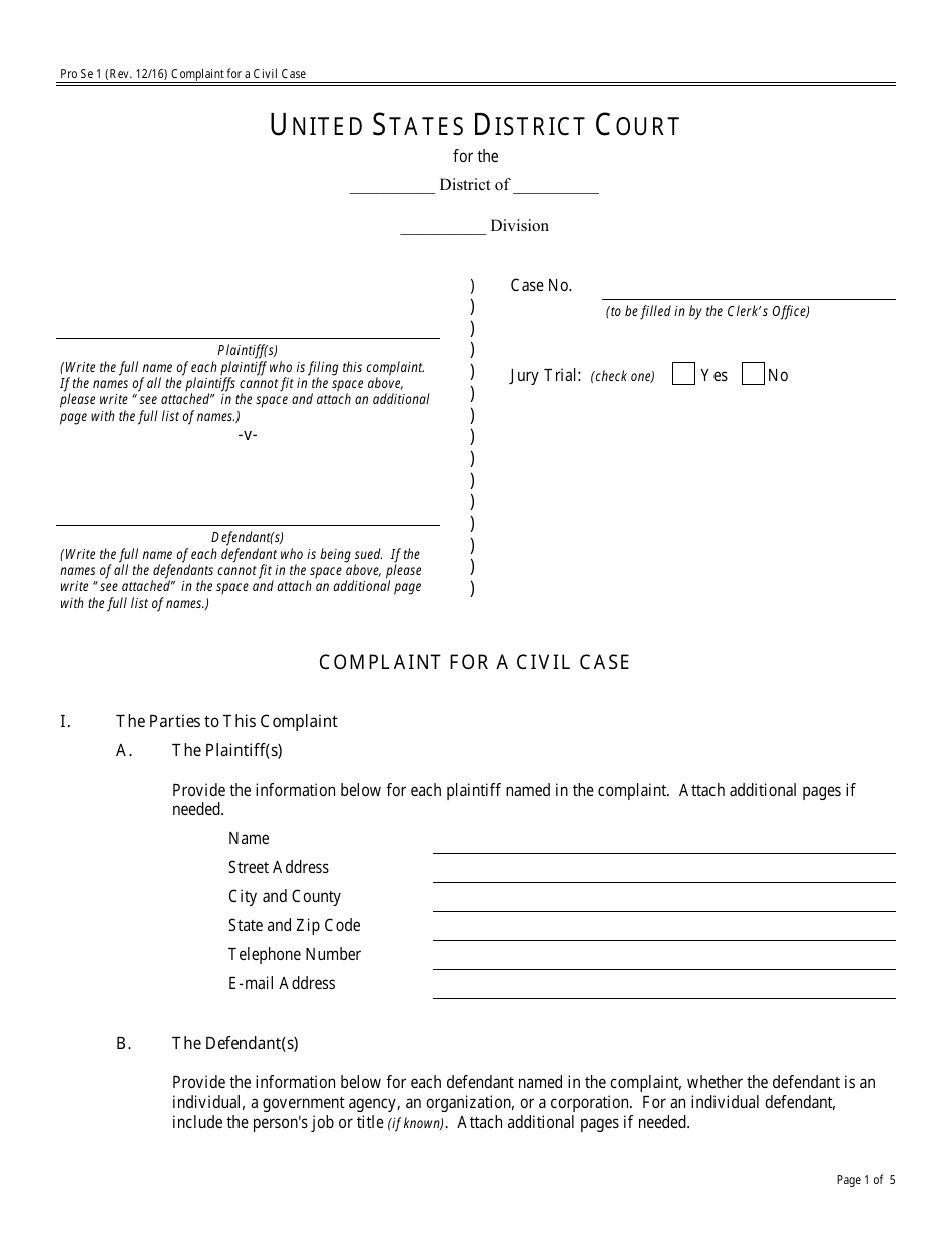 Form Pro Se1 Complaint for a Civil Case, Page 1