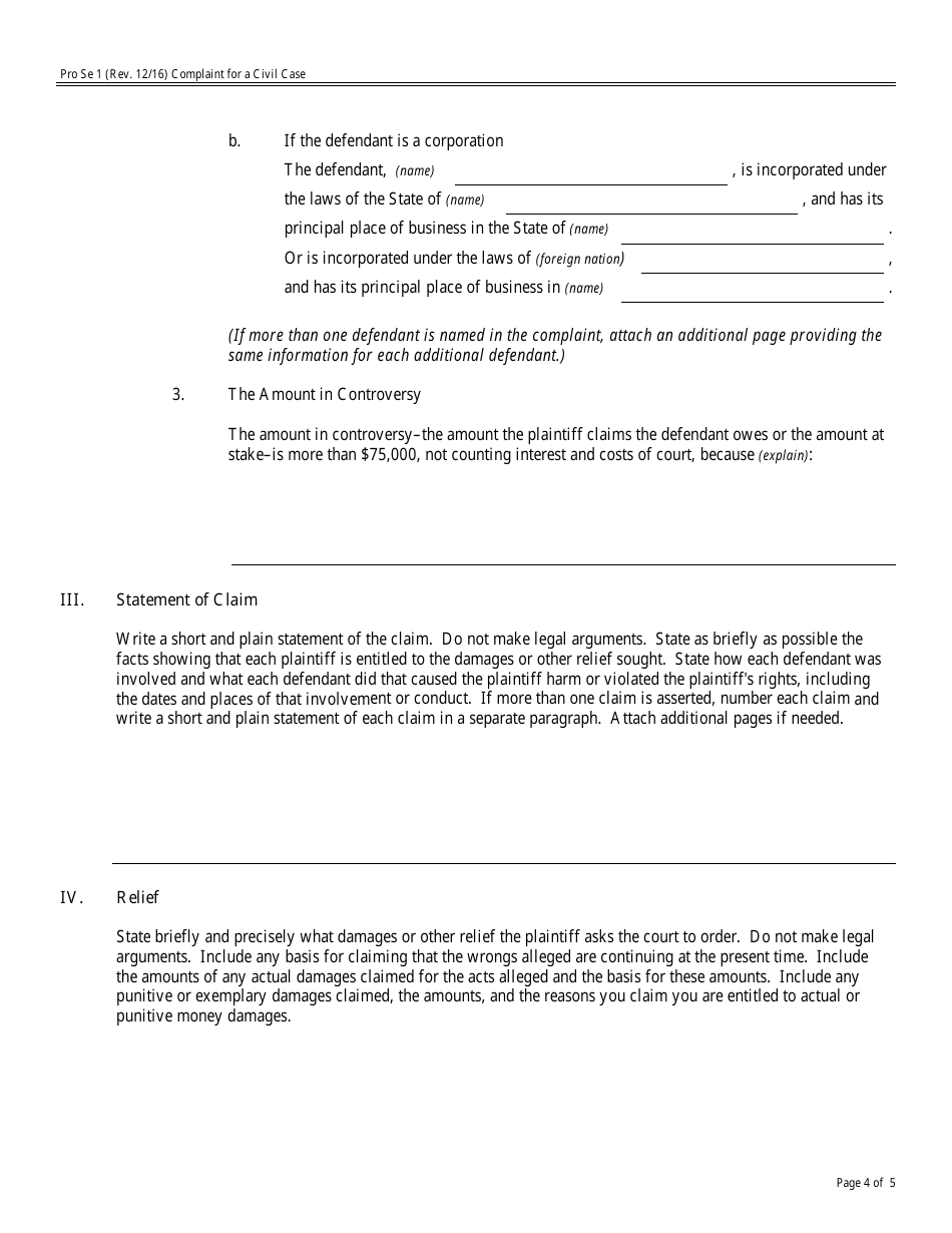Form Pro Se1 Complaint for a Civil Case, Page 4