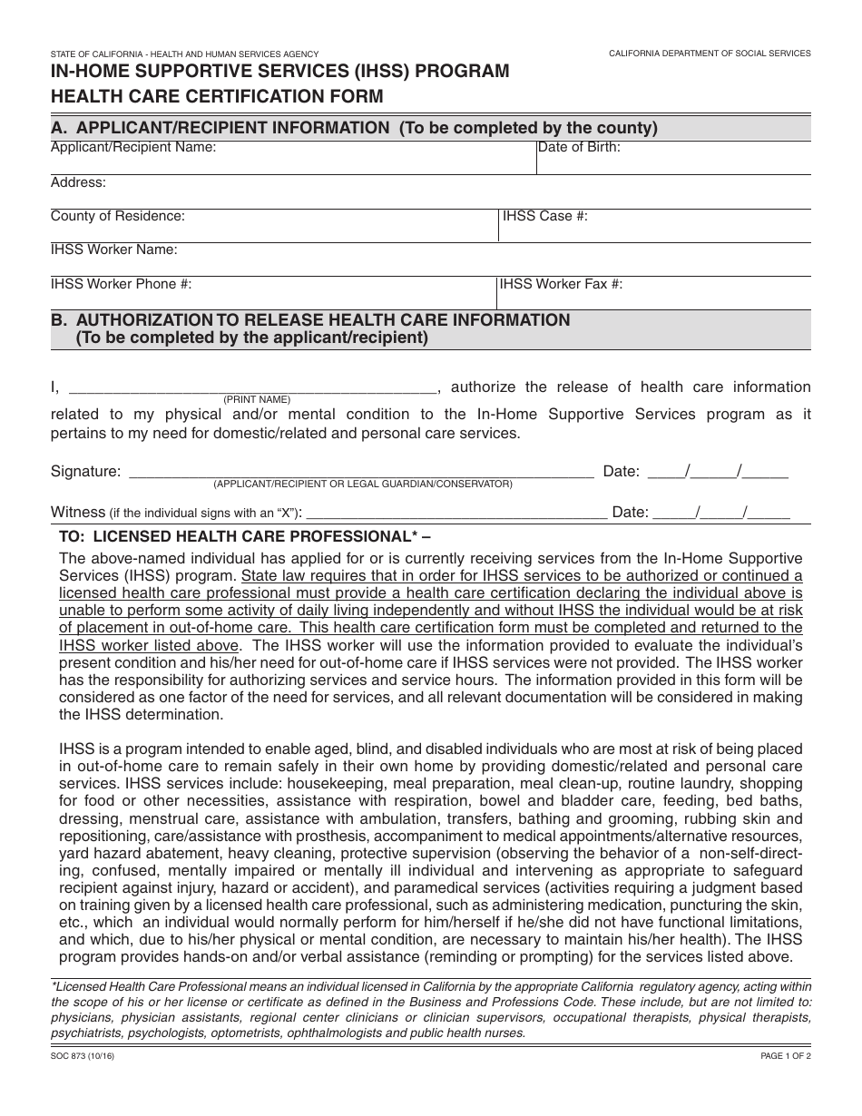 Form SOC873 In-home Supportive Services (Ihss) Program Health Care Certification Form - California, Page 1
