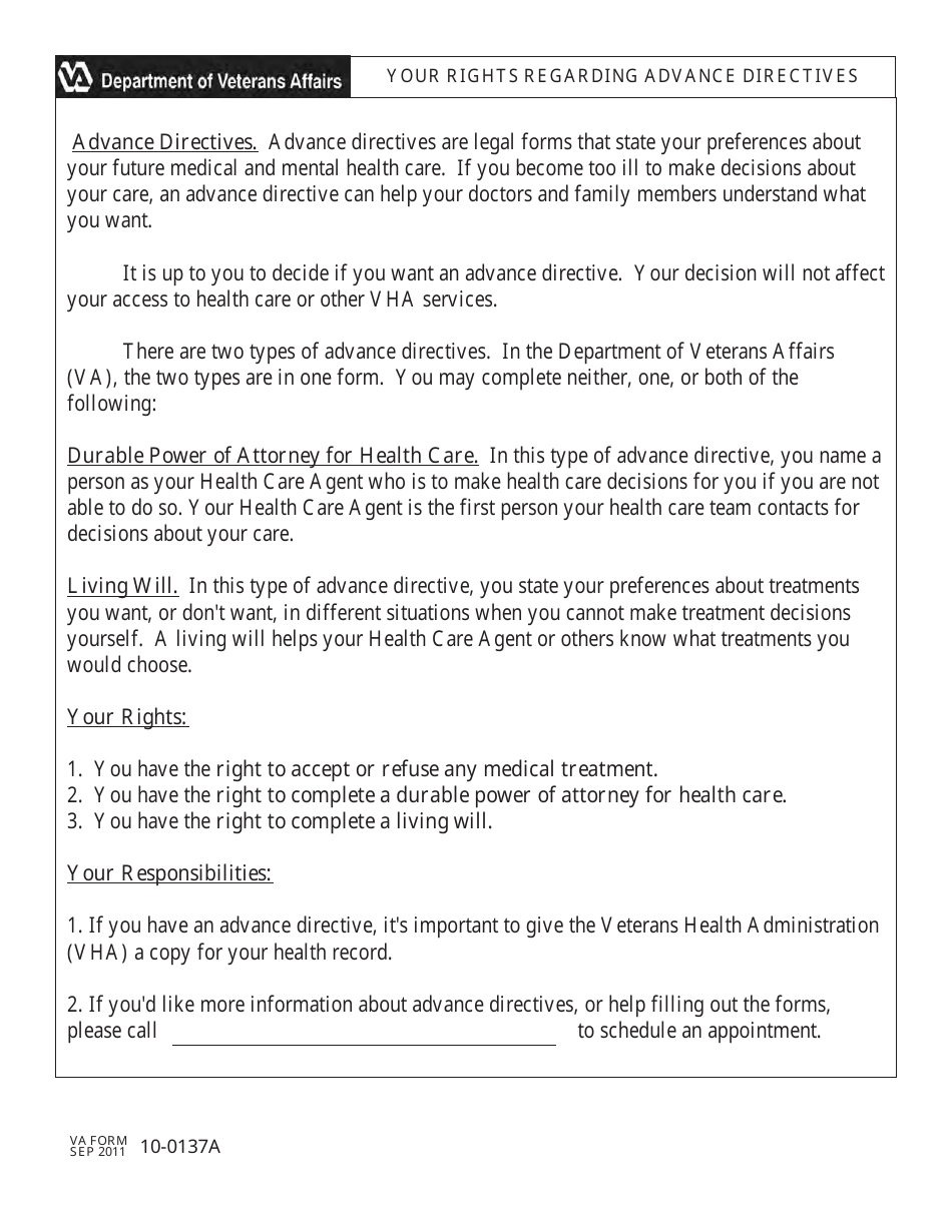 VA Form 10-0137A Your Rights Regarding Advance Directives, Page 1