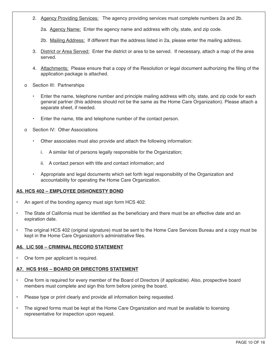 Form HCS281 Application Instructions for a Home Care Organization License - California, Page 10